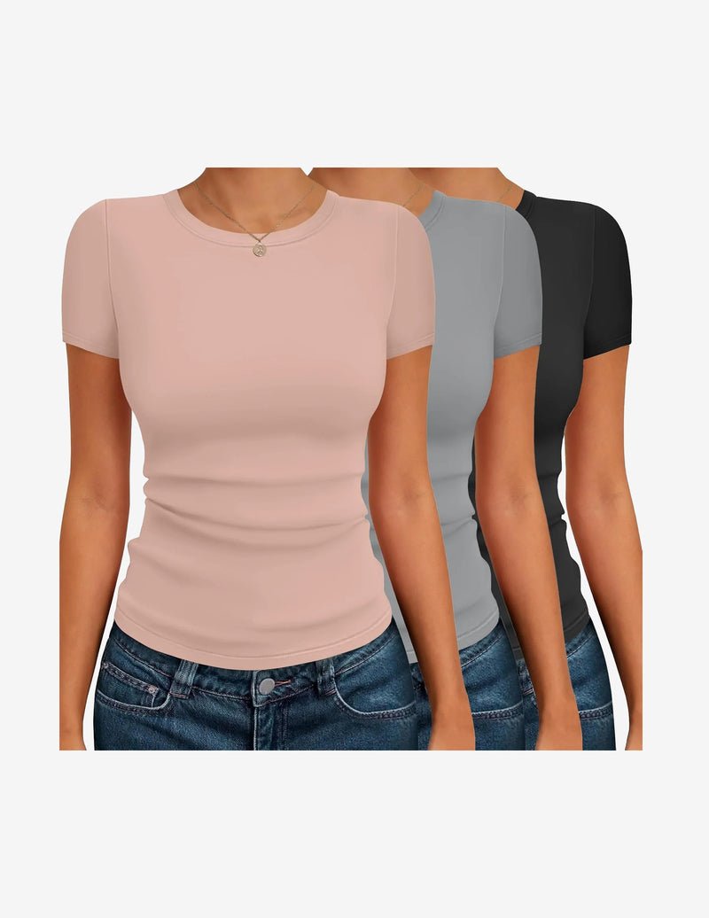 Basic T-Shirt 3er-Set, Kurzarm-thermal, rosé, grau & schwarz