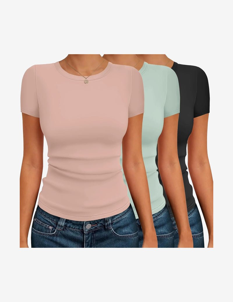 3-pack basic crewneck tees, short sleeve thermal: dusty pink, mint, black