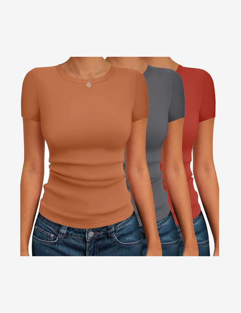 Basic T-Shirt 3er-Set, Kurzarm-thermal, rostbraun, grau & rot