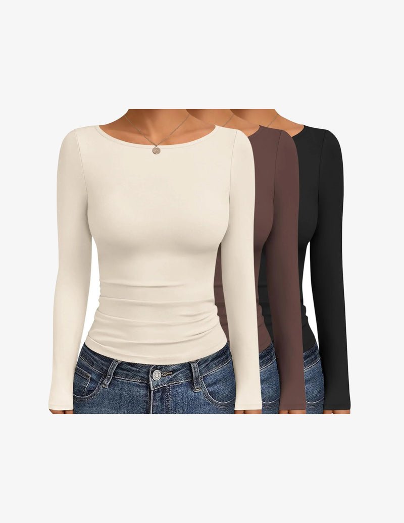 Boat neck long-sleeve ruched top set (cream/brown/black) three-pack