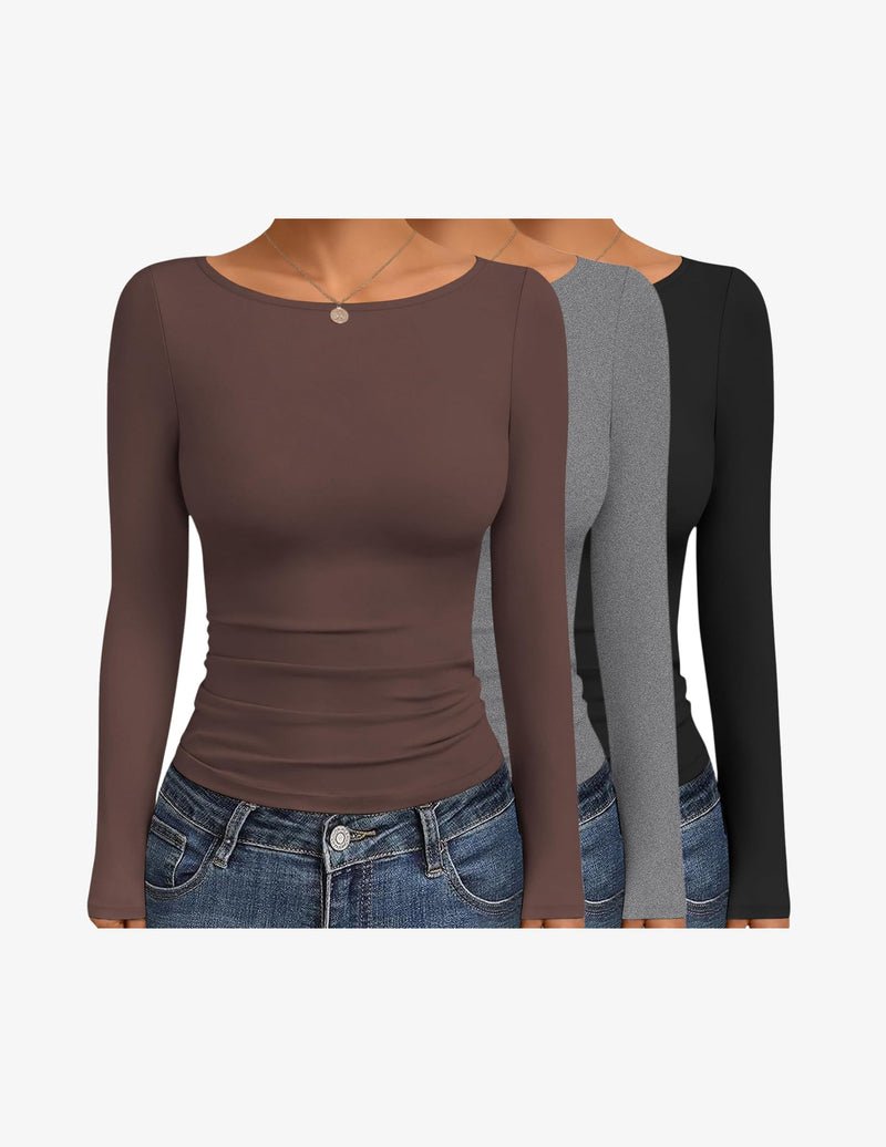 Ruched boat-neck long-sleeve tops, 3-pack: brown, gray, black