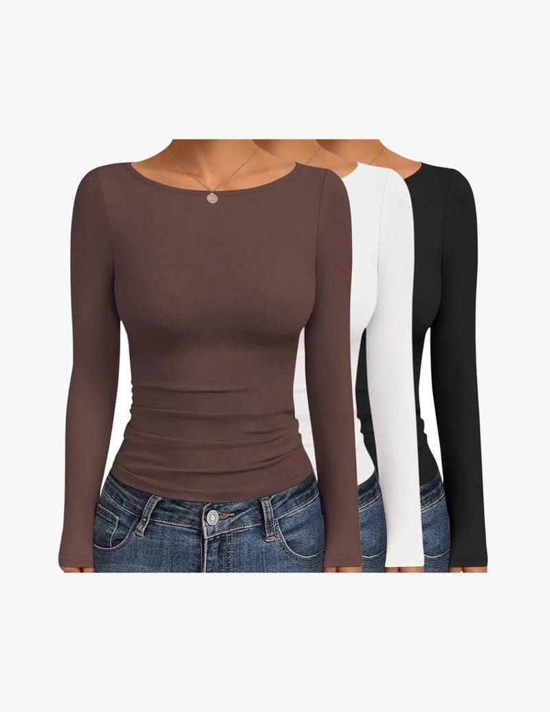 Boat neck long-sleeve ruched top set (brown/white/black) three-pack
