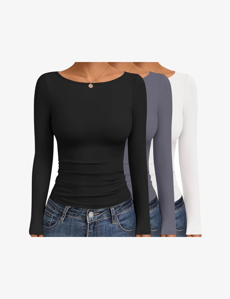 Boat neck long-sleeve ruched top set (black/gray-blue/white) three-pack