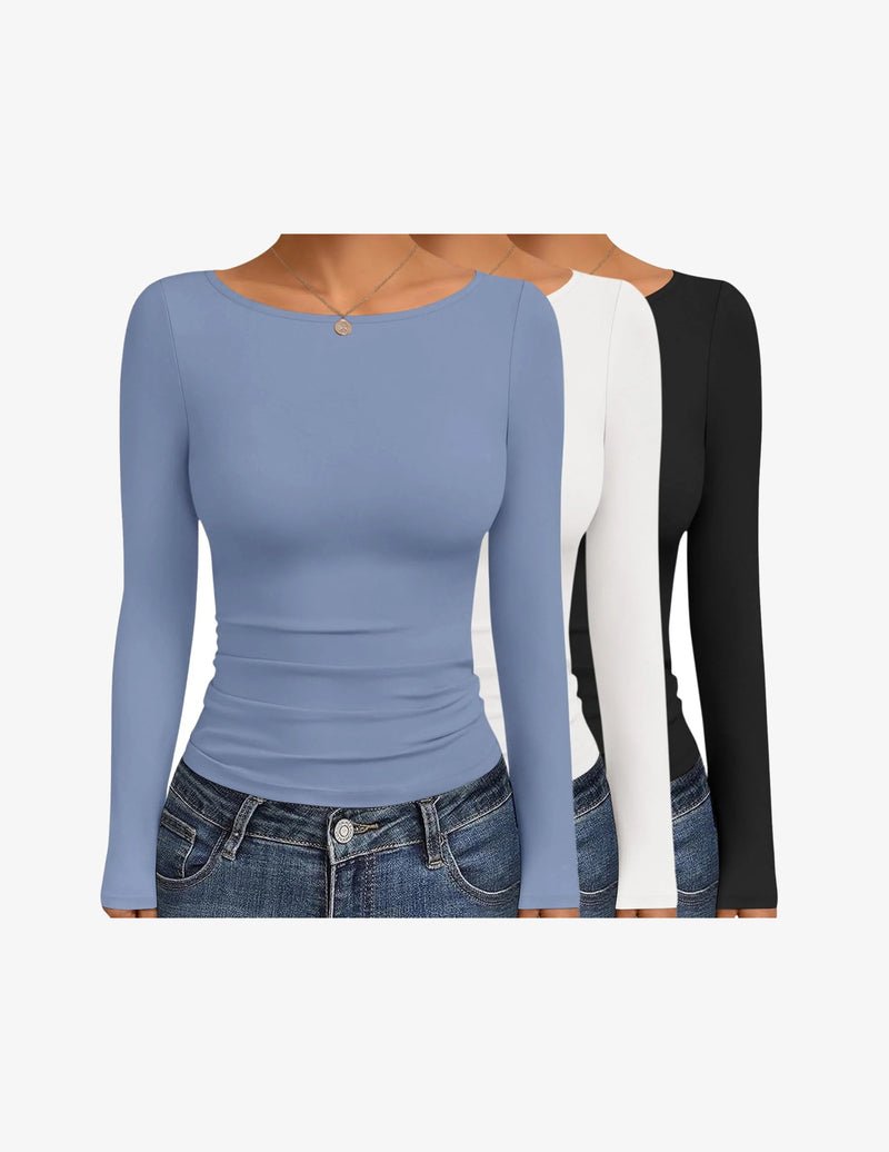 Boat neck long-sleeve ruched top set (powder blue/white/black) three-pack