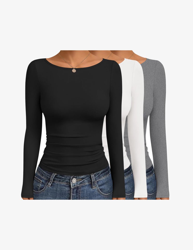 Boat neck long-sleeve ruched top set (black/white/dark gray) three-pack