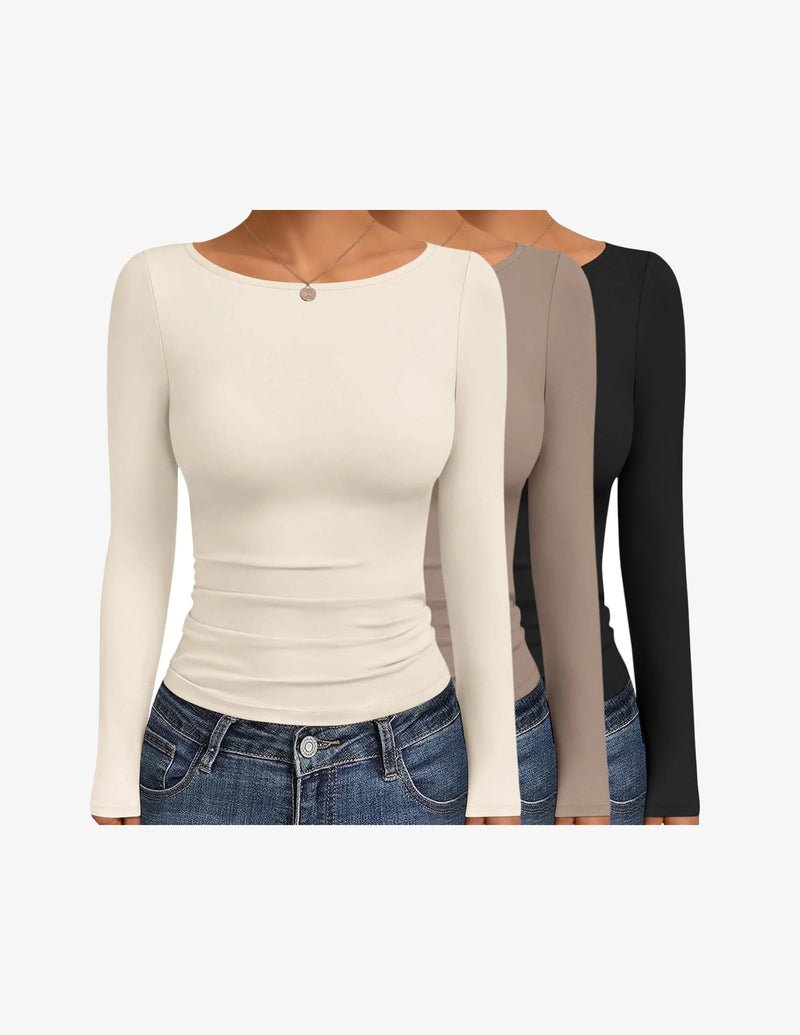 Boat neck long-sleeve ruched top set (ivory/taupe/black) three-pack