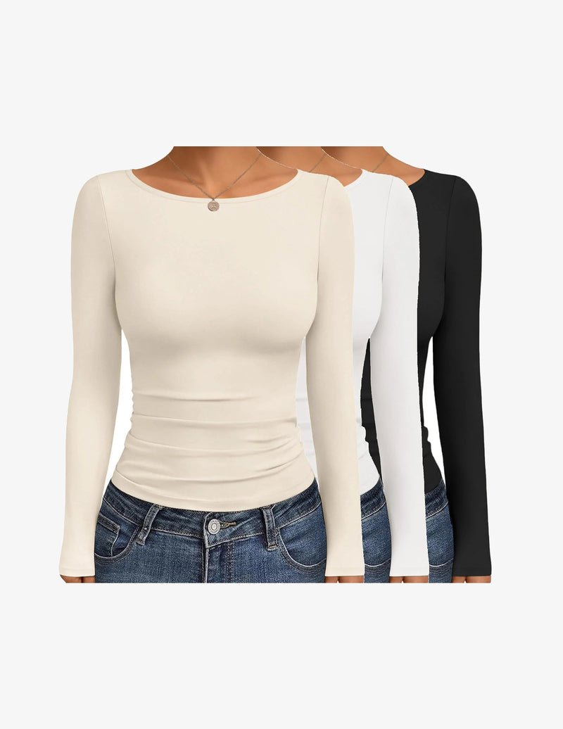 Boat neck long-sleeve ruched top set (beige/white/black) three-pack