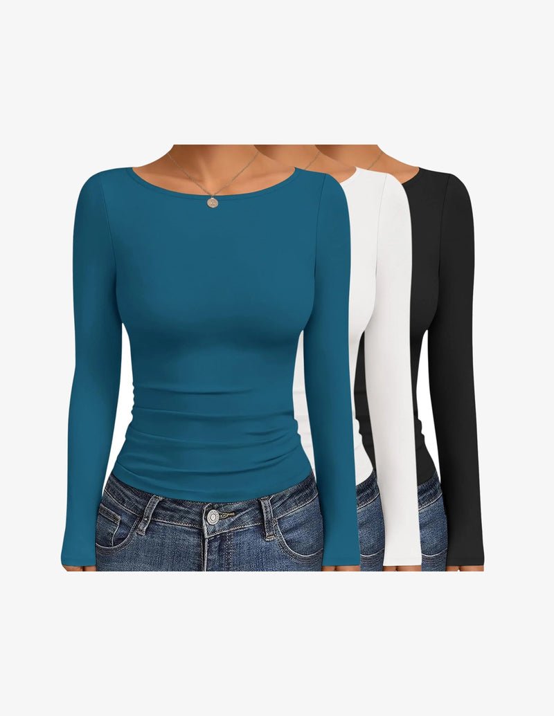 Boat neck long-sleeve ruched top set (teal/white/black) three-pack
