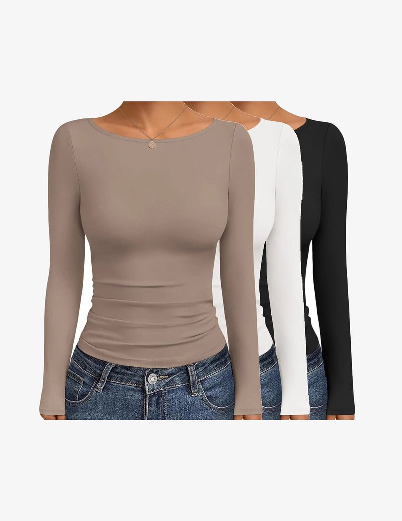 Boat neck long-sleeve ruched top set (taupe/white/black) three-pack