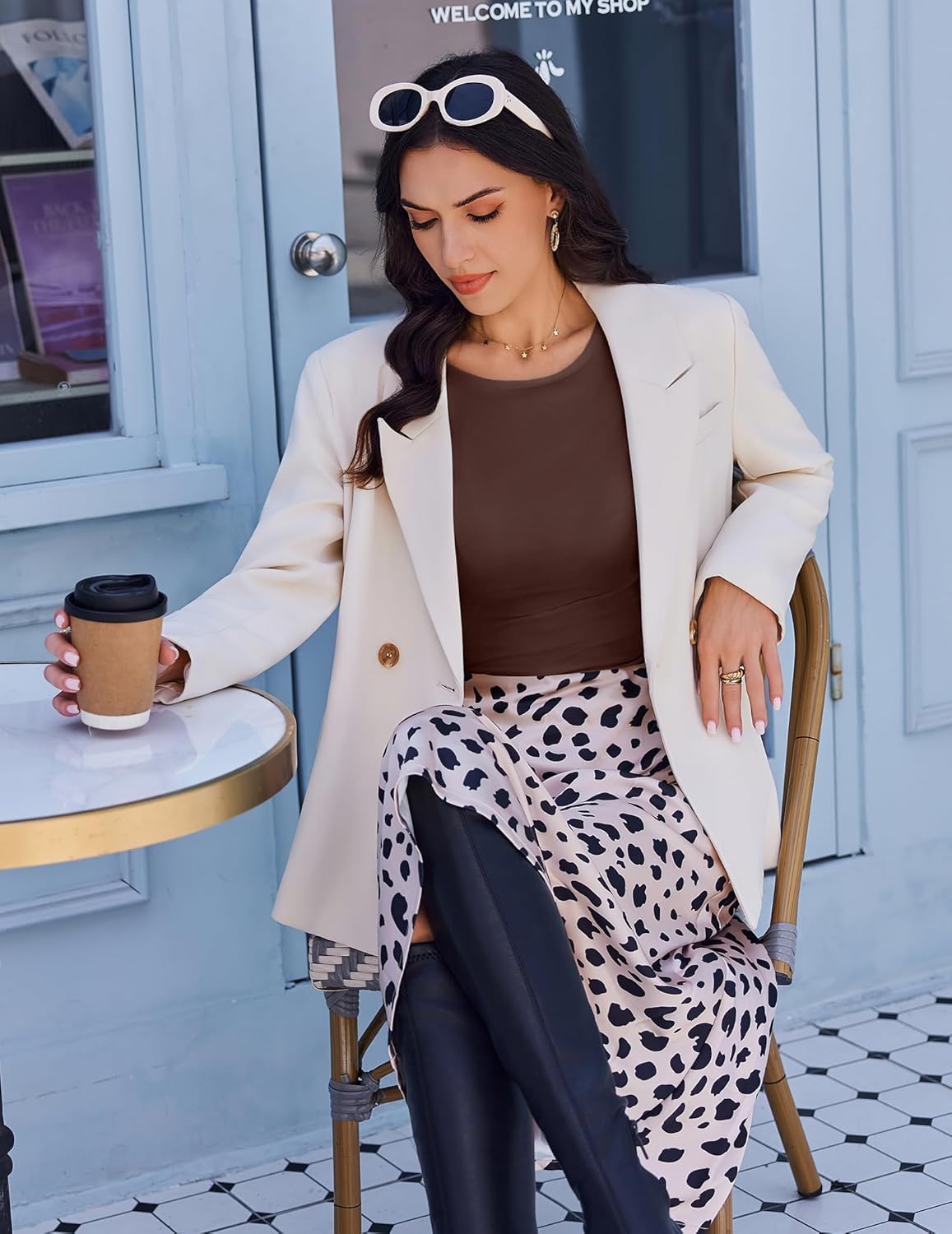 Dark brown long sleeve boat neck top with ruched waist front