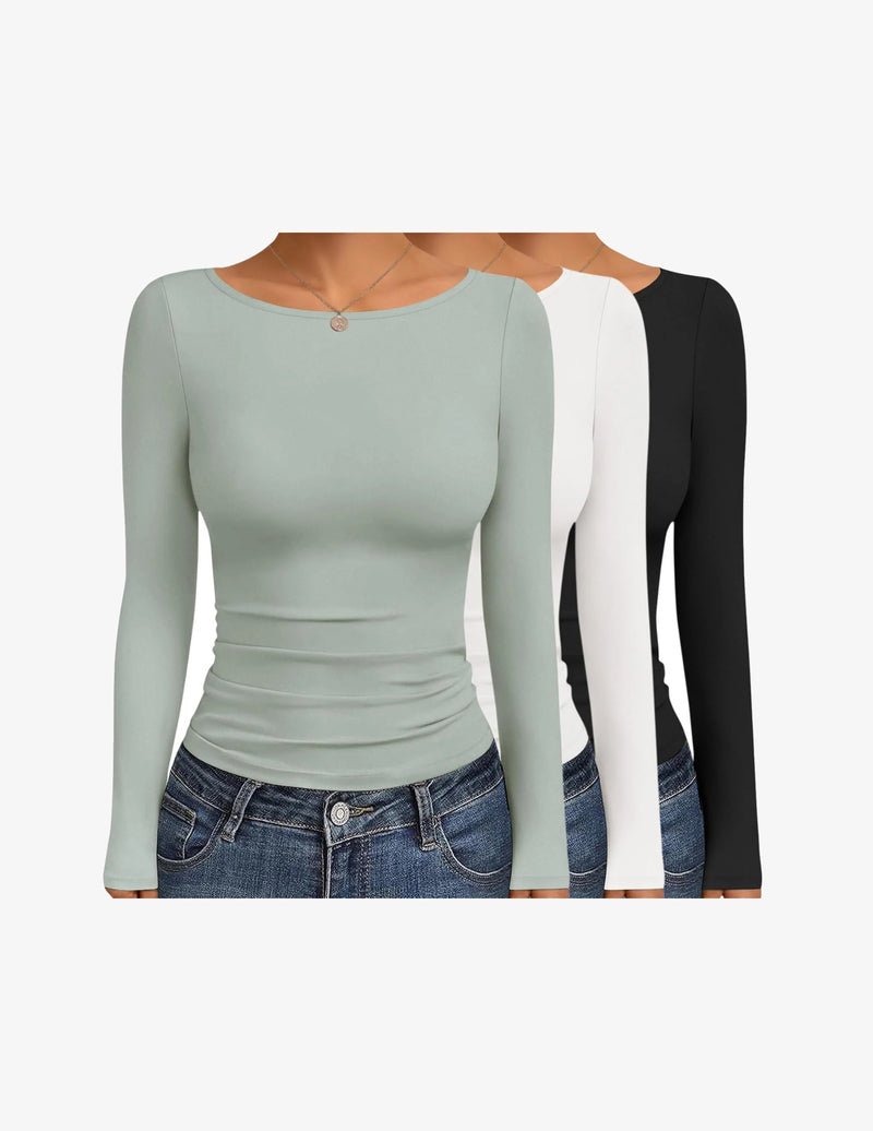 Boat neck ruched long sleeve tops set: light green, white, black