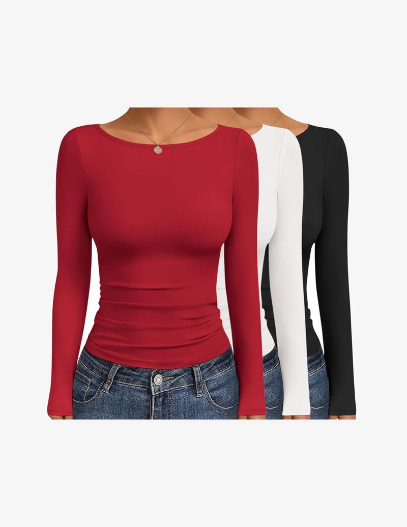 Boat neck long-sleeve ruched top set (red/white/black) three-pack