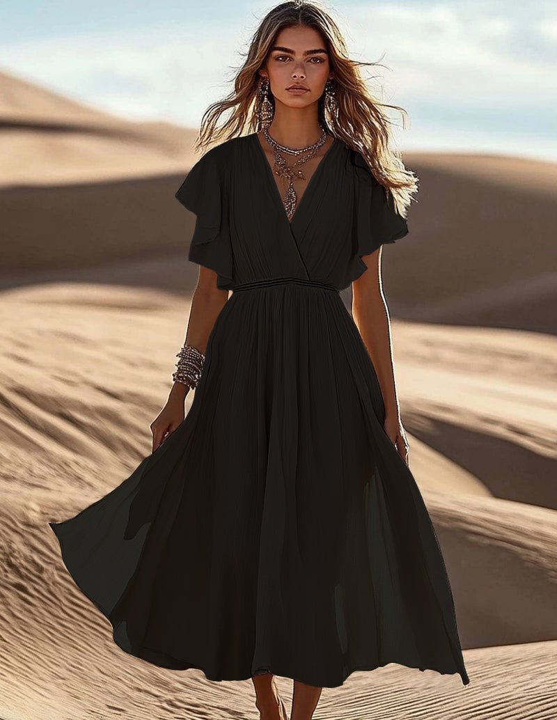 Black ruffle sleeve midi dress with V-neck and tiered skirt