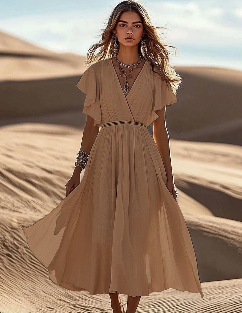 Khaki ruffle sleeve midi dress with V-neck and tiered skirt