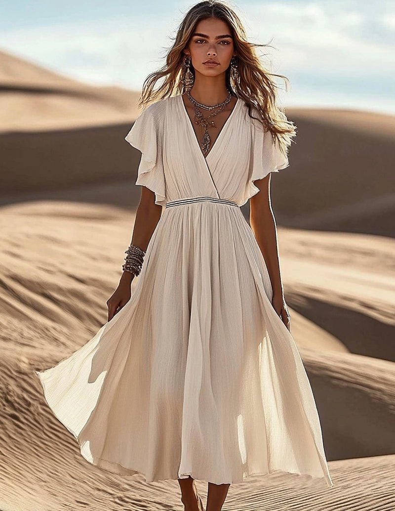 White ruffle sleeve midi dress with V-neck and tiered skirt
