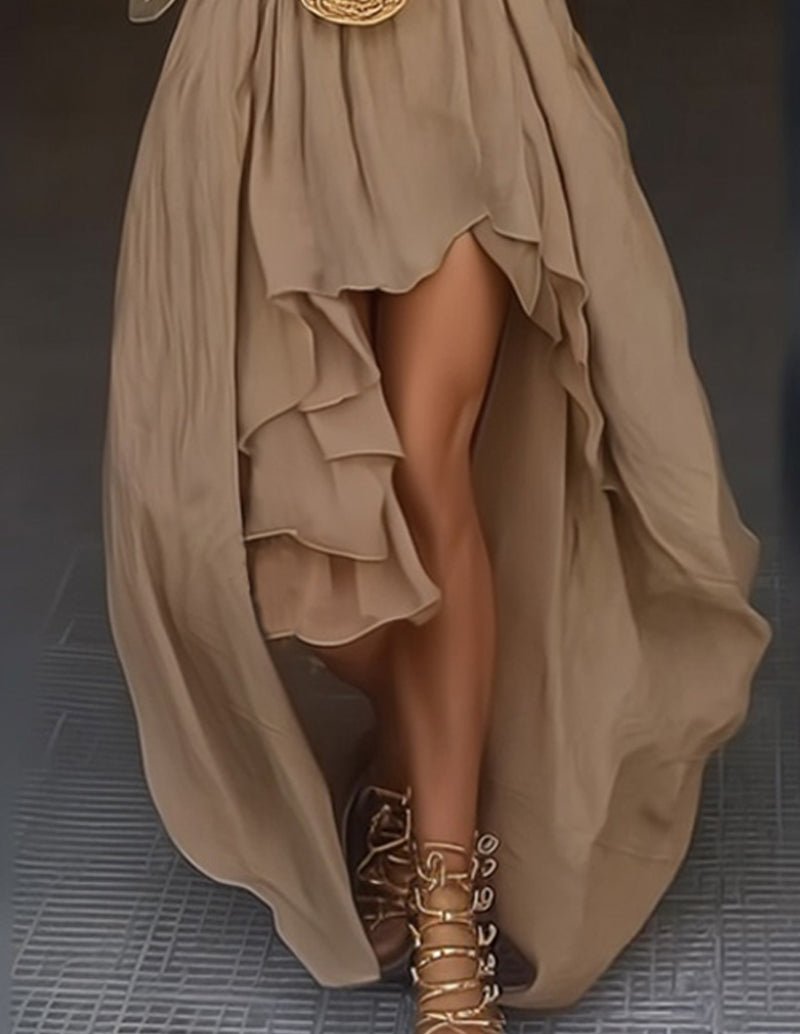 Khaki boho cotton dress close-up: layered ruffle front and high-low hem