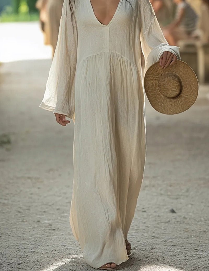 Boho cotton lounge dress, off-white, V-neck, long bell sleeves, gathered tier, full-length