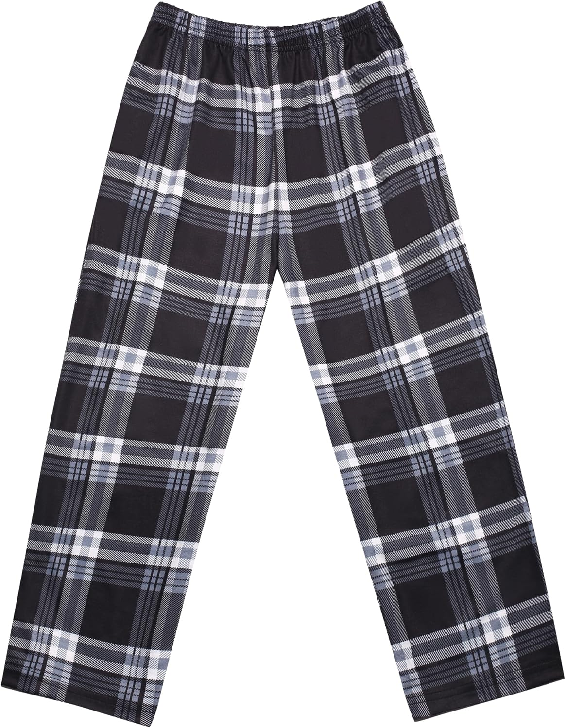 Boys black, white, and gray plaid pajama pants with elastic waistband; long legs.