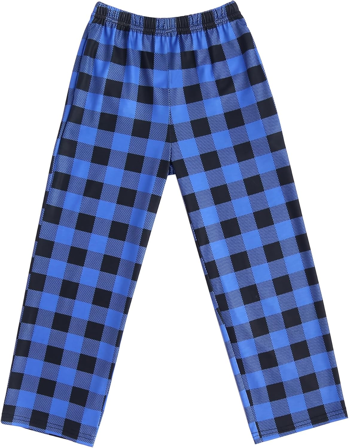 Boys blue plaid pajama pants with black squares; elastic waistband and long wide legs.