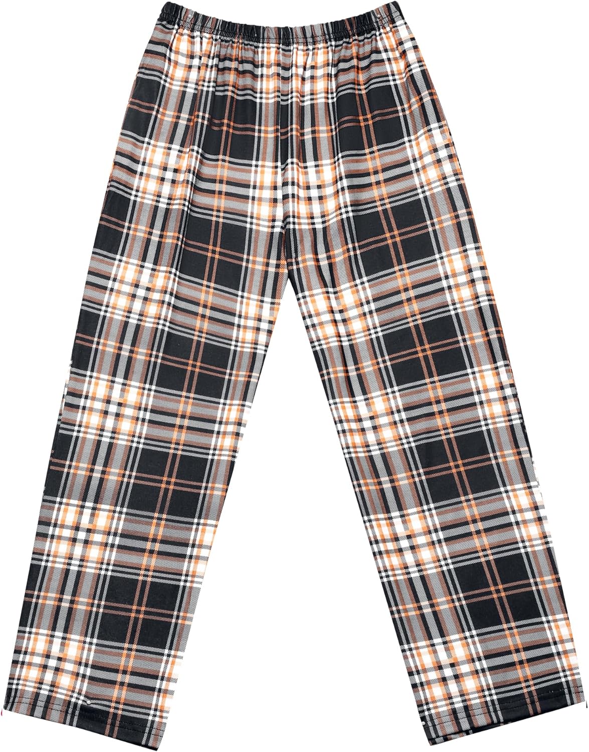 Boys plaid pyjama pants in tan, orange, and black with elastic waistband