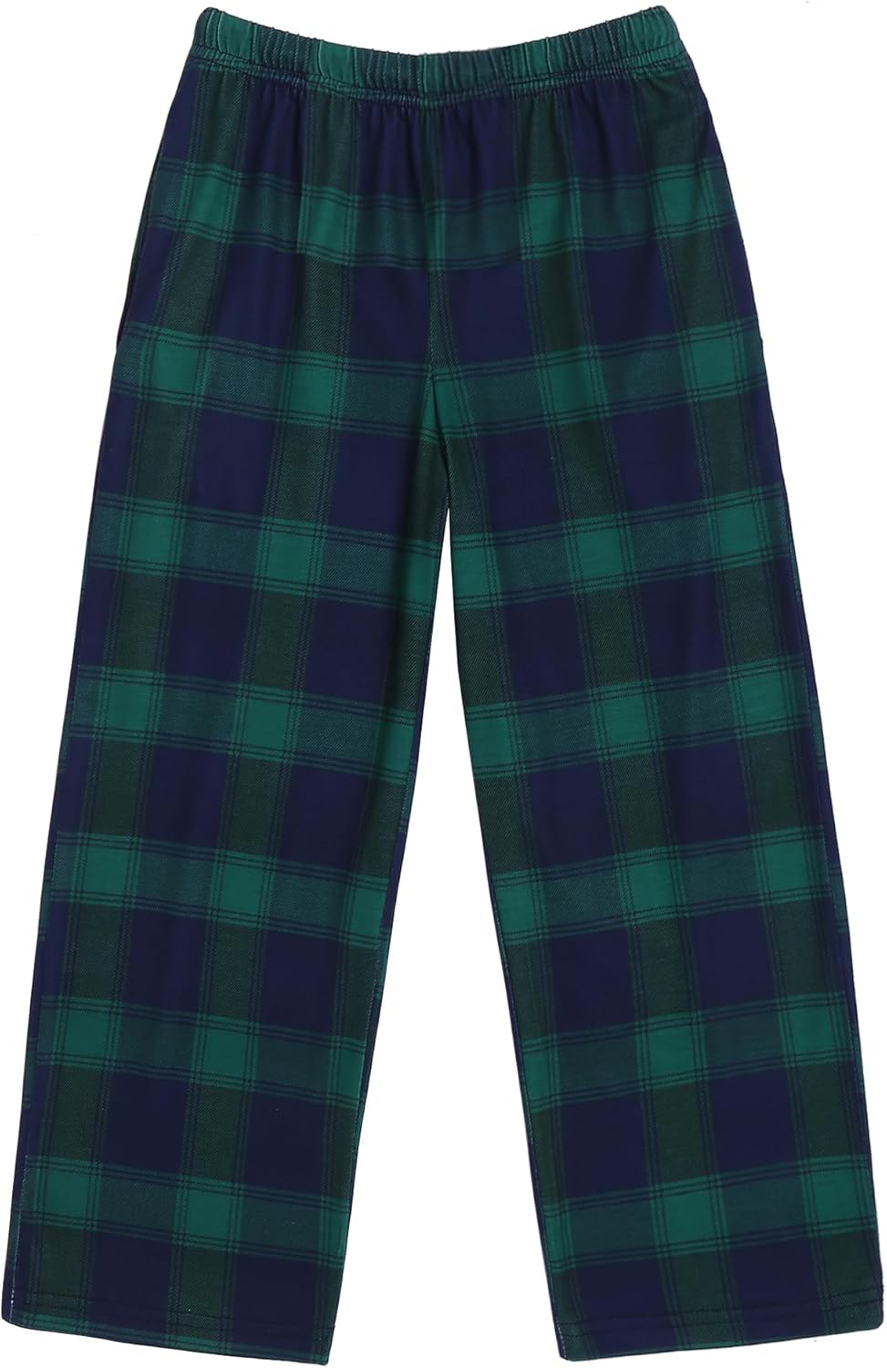 Boys plaid pajama pants in dark green and purple tones; elastic waistband.