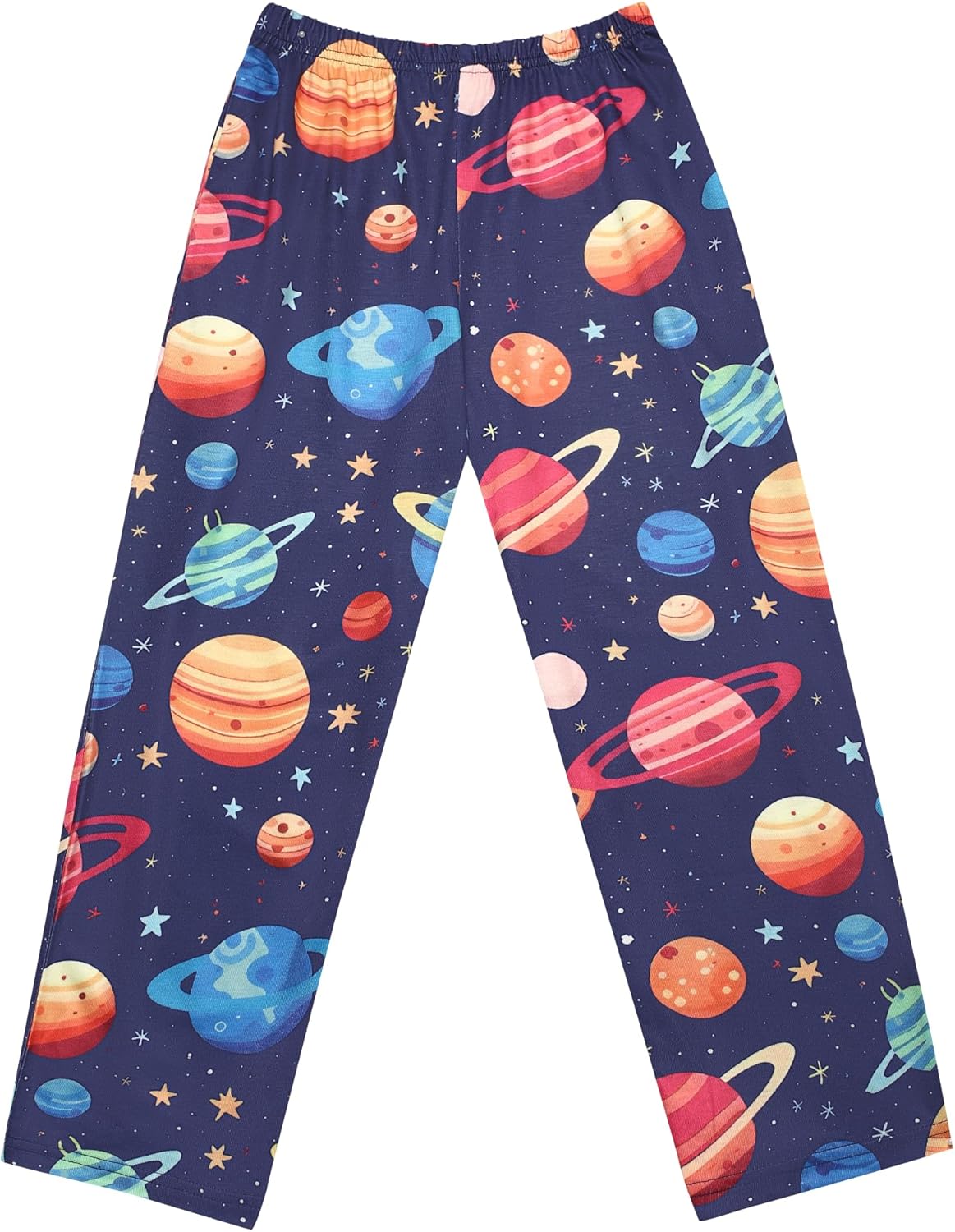 Boys space-themed pajama pants with planets and stars print; elastic waistband.