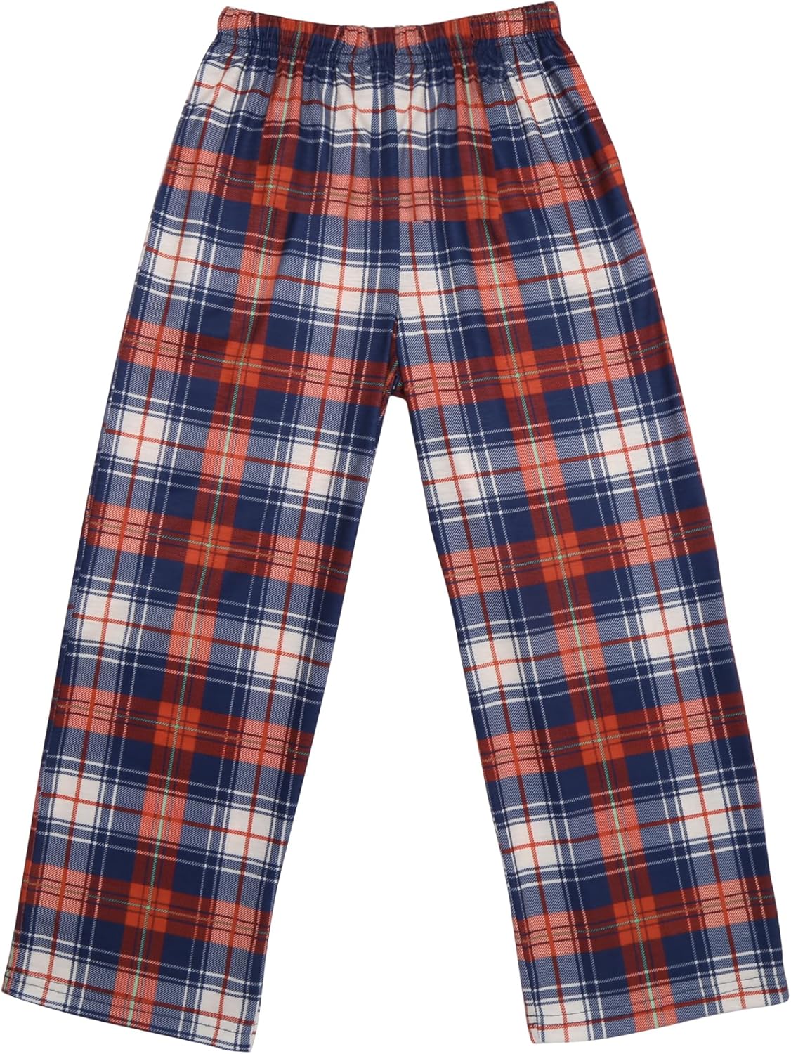 Boys plaid pyjama pants in navy, red, and white with elastic waistband