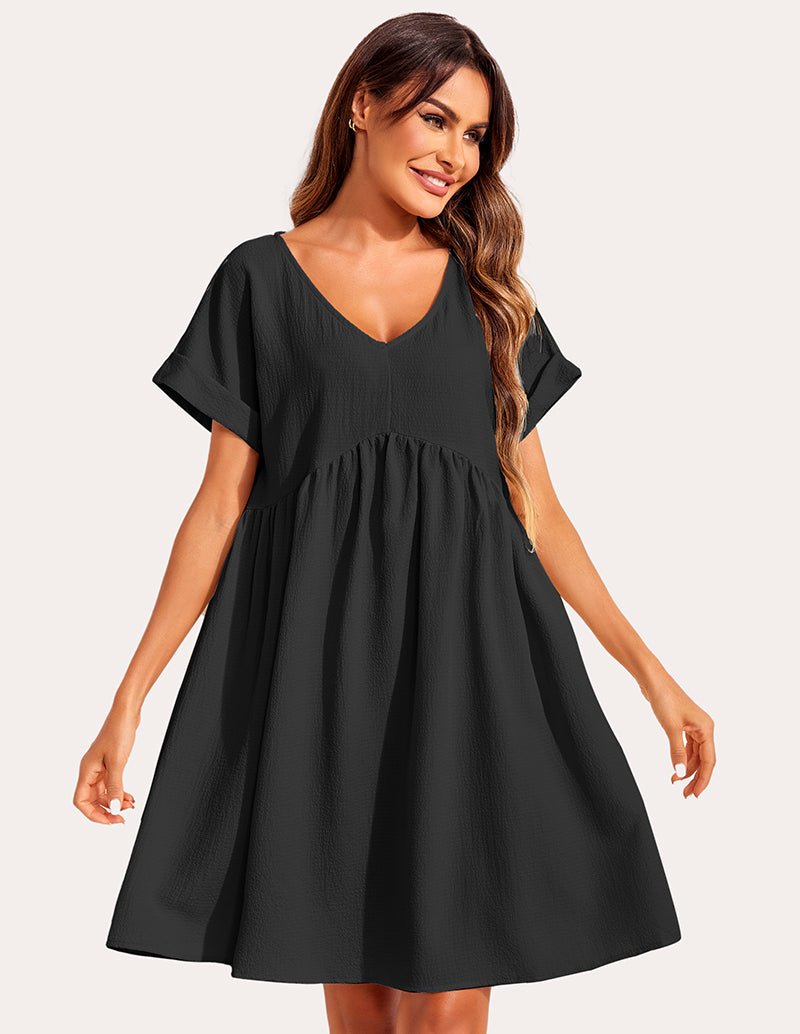 Black bubble wrinkle sleepshirt with V-neck and gathered waist, short sleeves