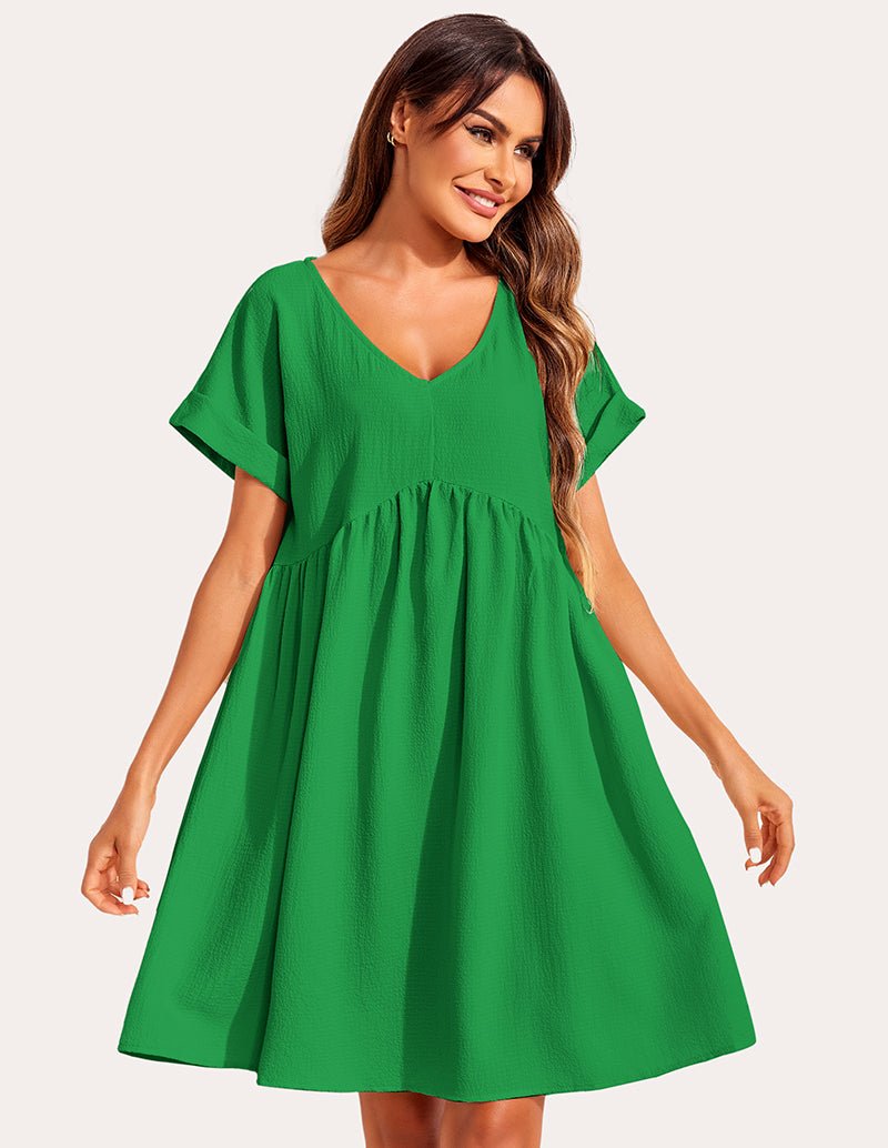 Green bubble wrinkle sleepshirt with V-neck and gathered waist, short sleeves