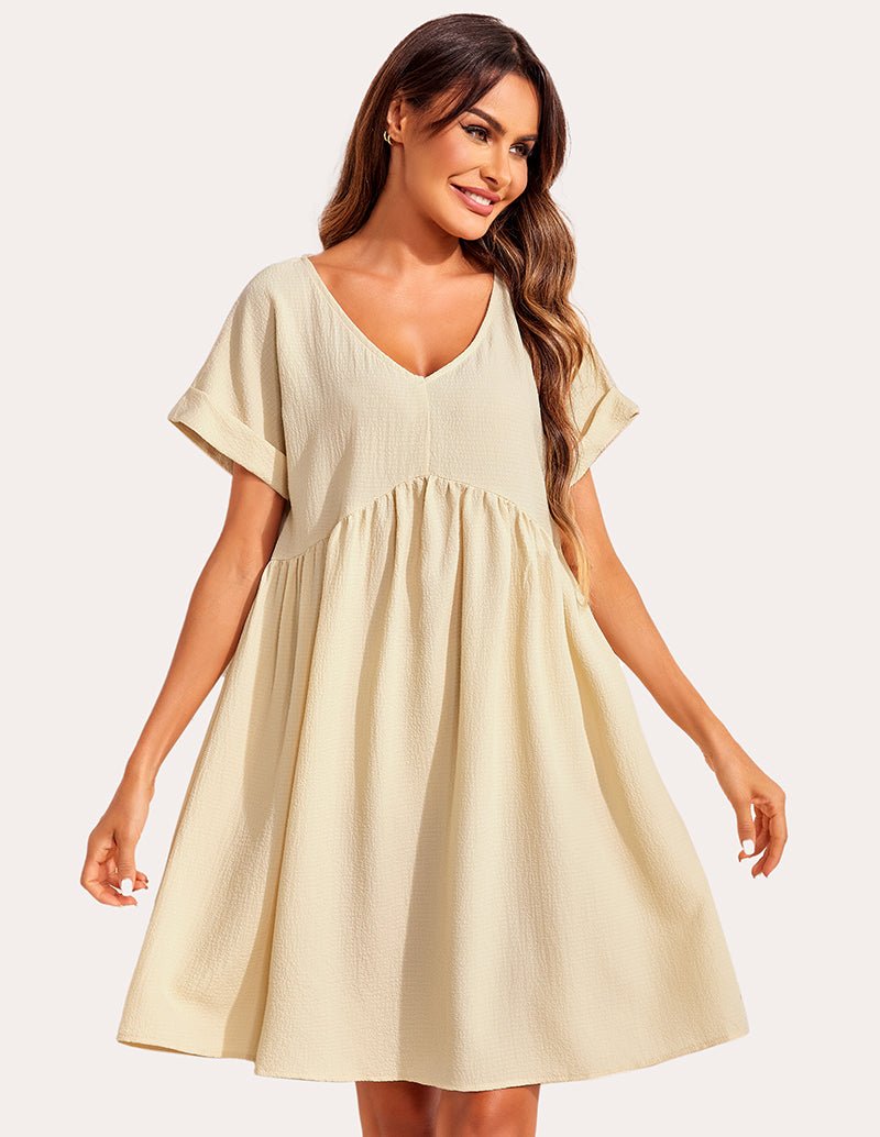 Khaki bubble wrinkle sleepshirt with V-neck and gathered waist, short sleeves