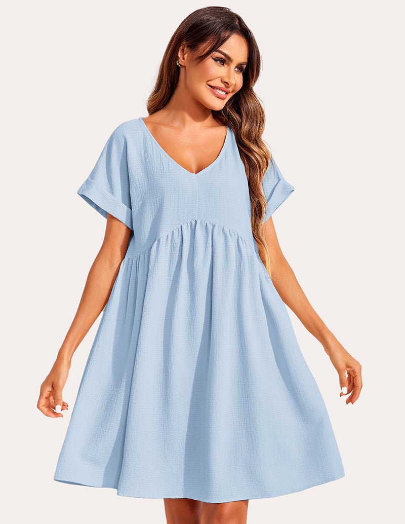 Light blue bubble wrinkle sleepshirt with V-neck and gathered waist, short sleeves