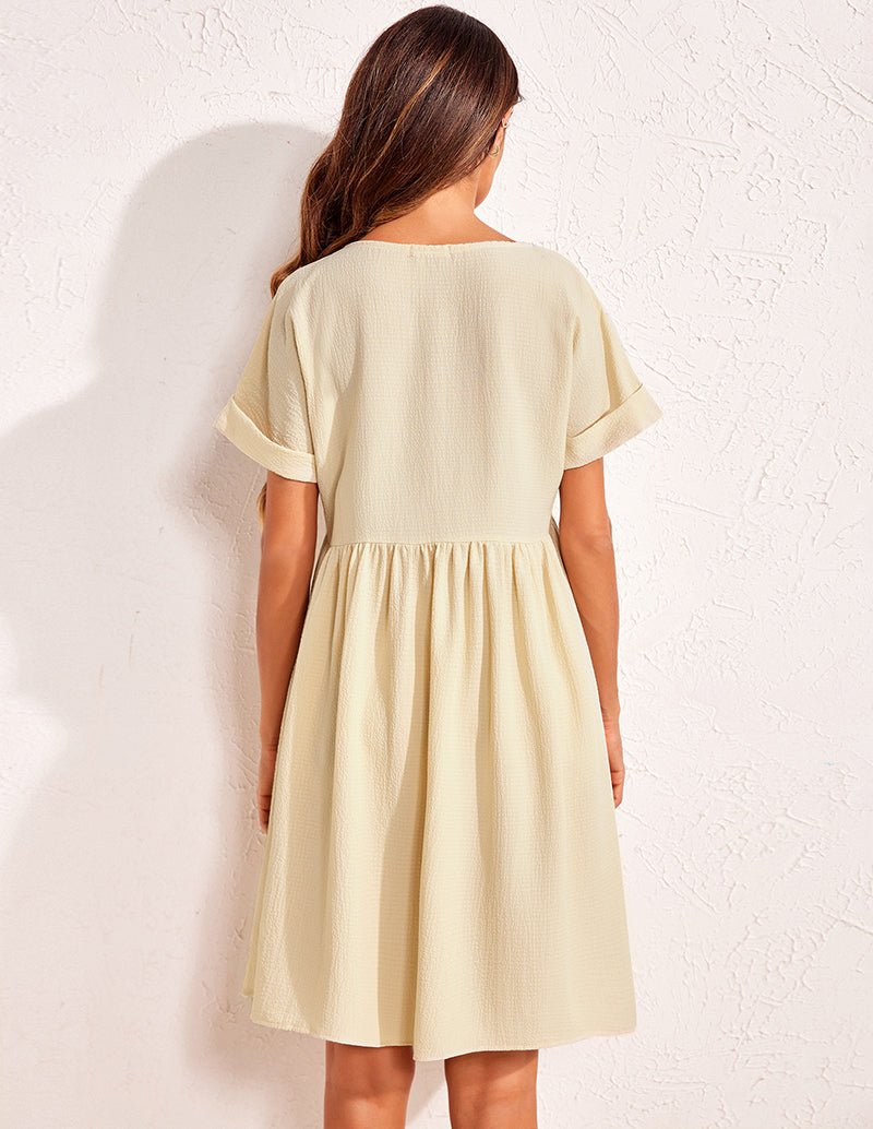 Cream bubble wrinkle sleepshirt back view with gathered waist, short sleeves