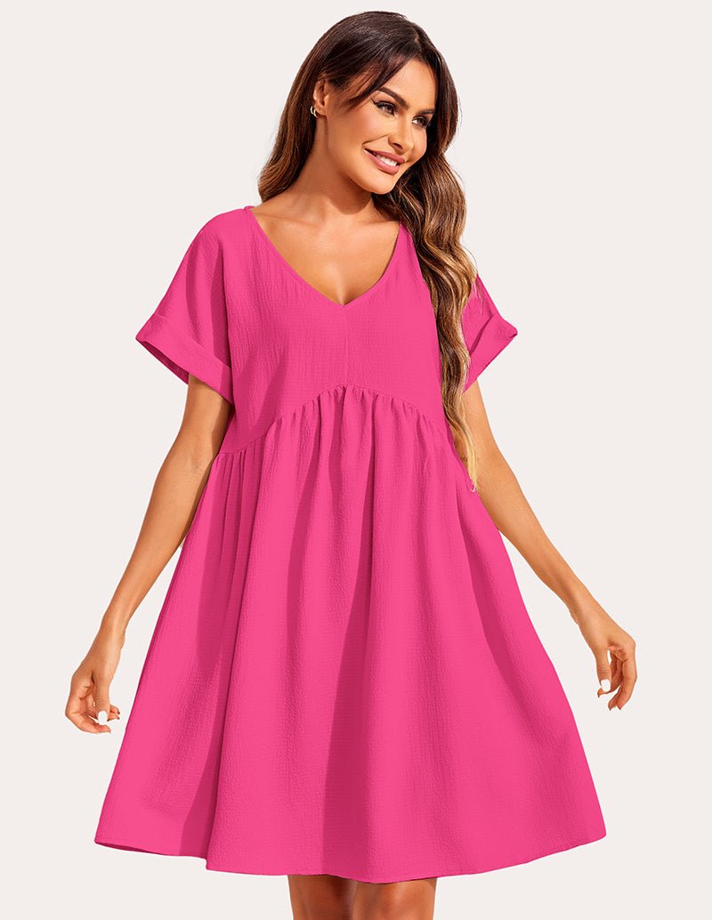 Rose red bubble wrinkle sleepshirt with V-neck and gathered waist, short sleeves