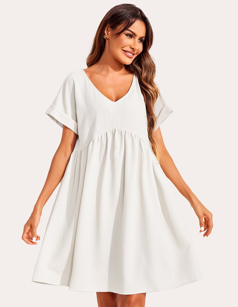 White bubble wrinkle sleepshirt with V-neck and gathered waist, short sleeves