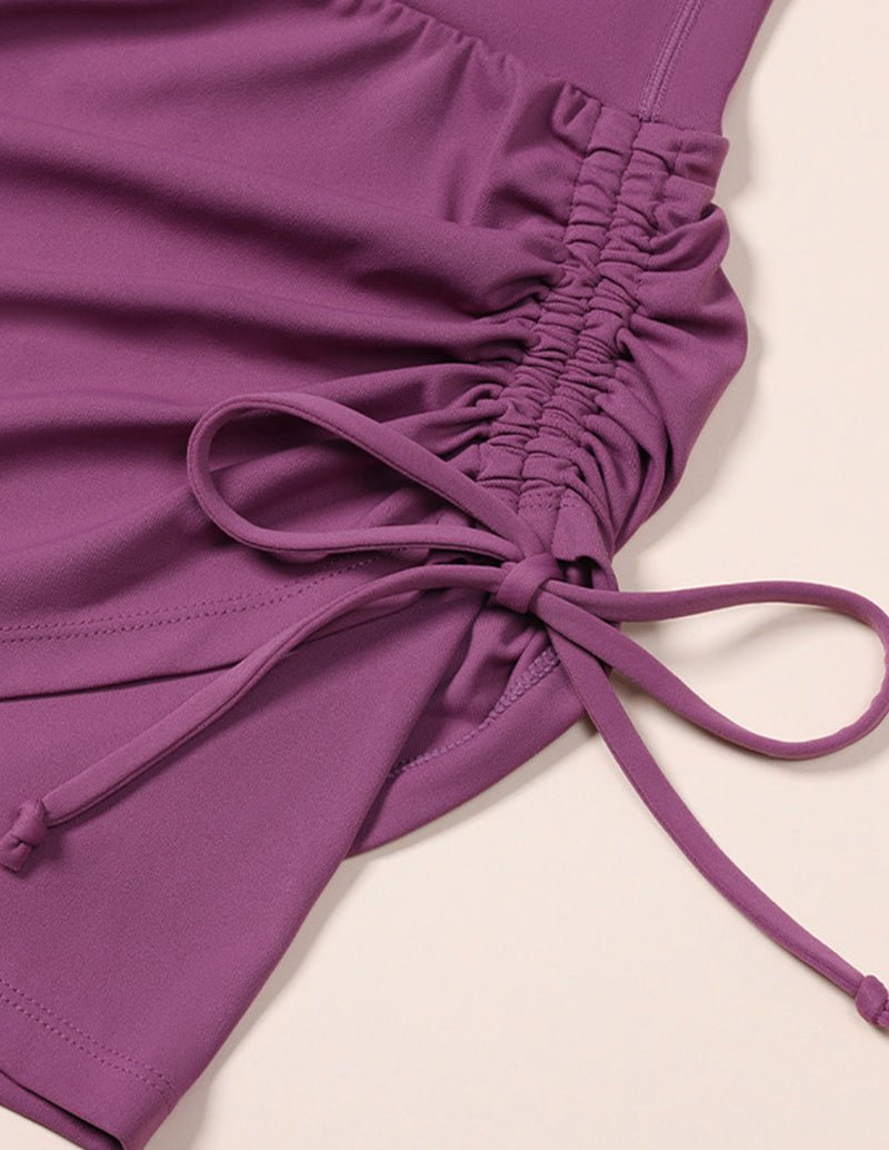 Purple yoga skirt drawstring waist with ruched gather detail