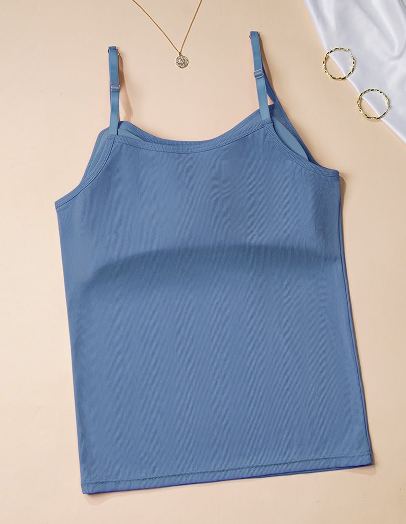 High-stretch camisole with built-in bra, blue, front view laid flat