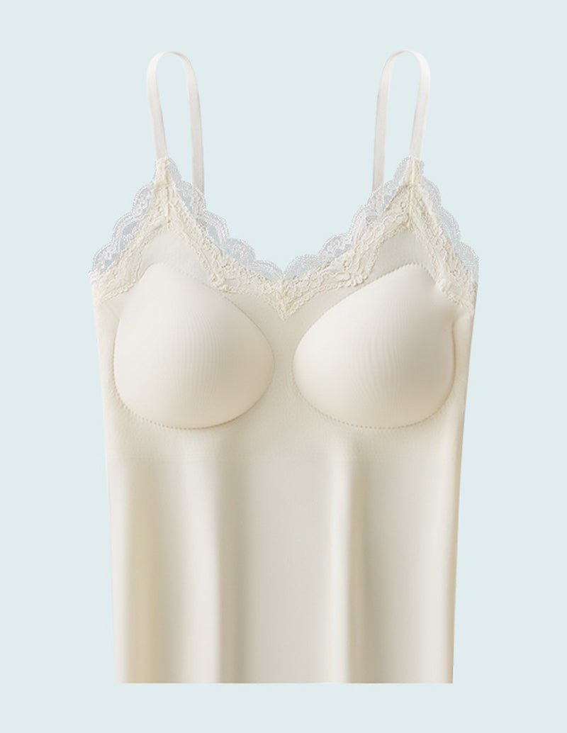 Built-in bra lace trim camisole, cream with lace trim bust and spaghetti straps