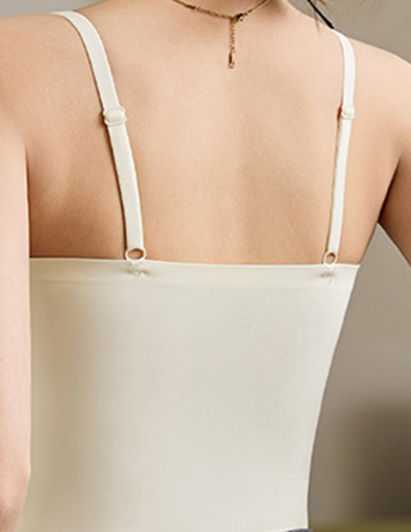Built-in bra lace trim camisole, cream with adjustable spaghetti straps and back panel
