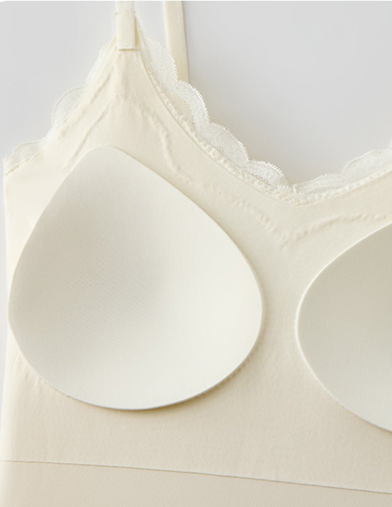 Built-in bra lace trim camisole, cream close-up of molded cups and lace edge