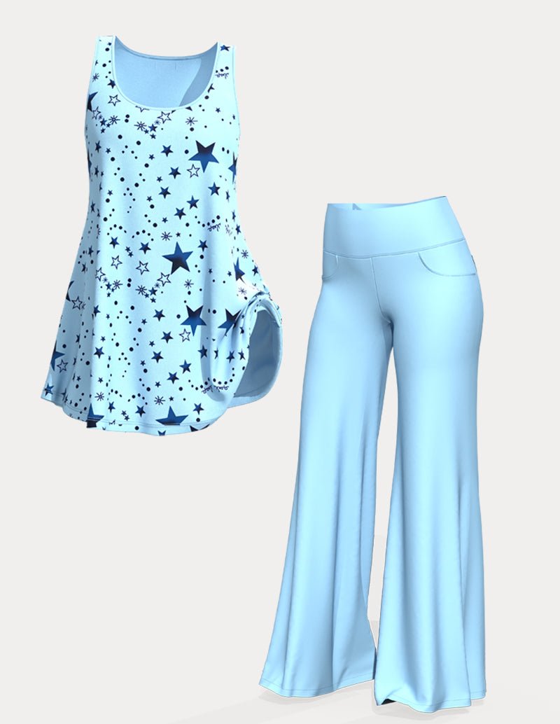 Star-print tank top and light-blue wide-leg lounge pants, flat-lay view