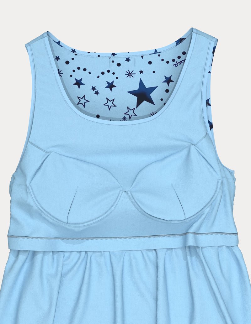 Star-print built-in bra tank top with scoop neckline and sleeveless cut, light blue