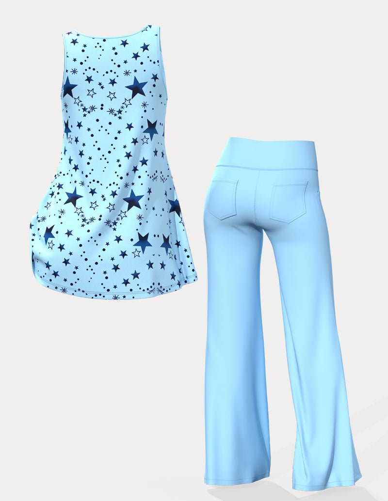 Star-print tank top and mint-green wide-leg lounge pants, flat-lay view