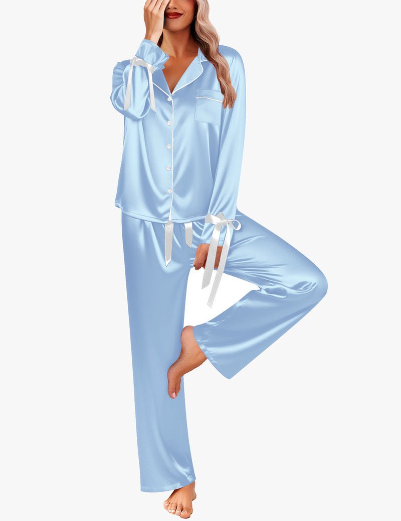 Light-blue satin button-down long pajama set with white buttons and bow ties