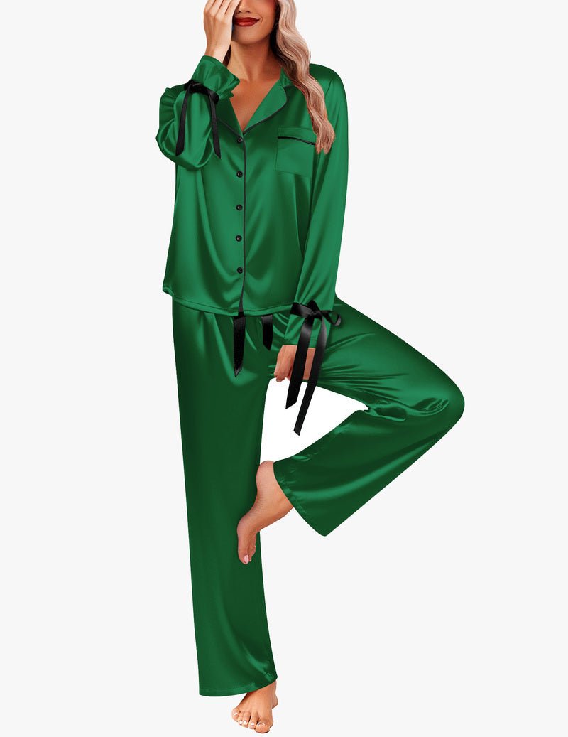 Green satin button-down long pajama set with dark ribbon bow ties