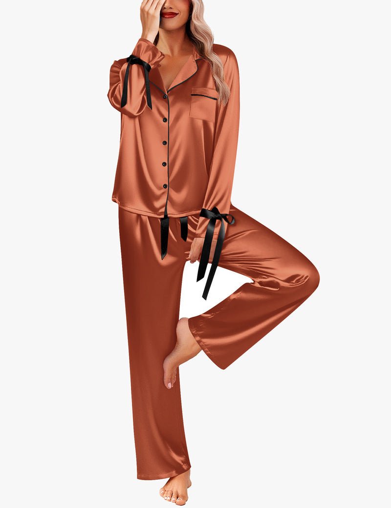 Caramel-brown satin button-down long pajama set with black ribbon bow ties
