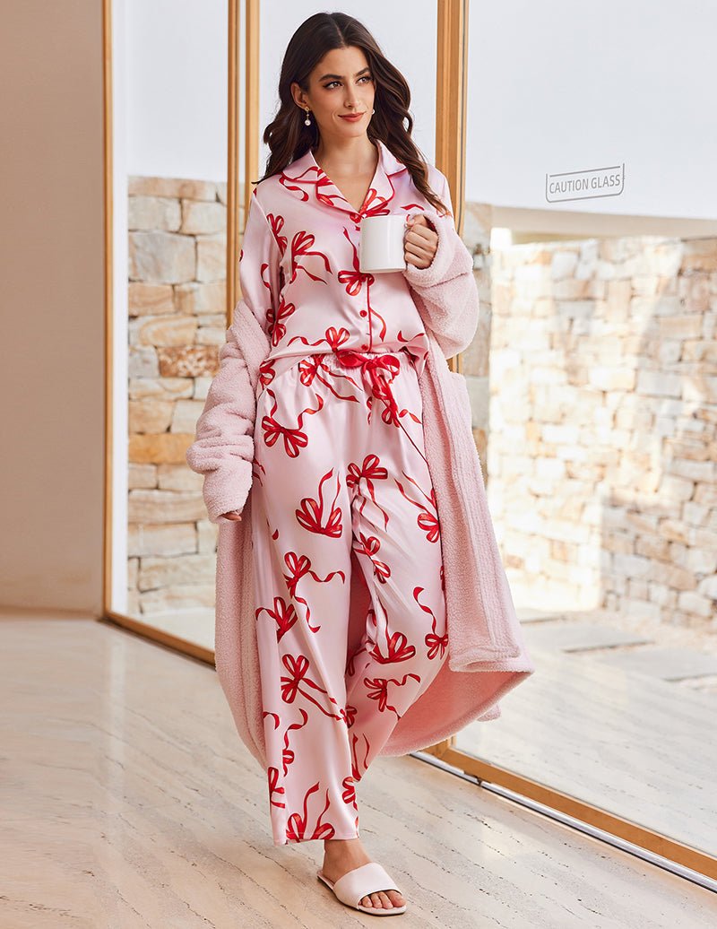 Fancy long satin button-down pajama set, white with red bow print, collar and belt