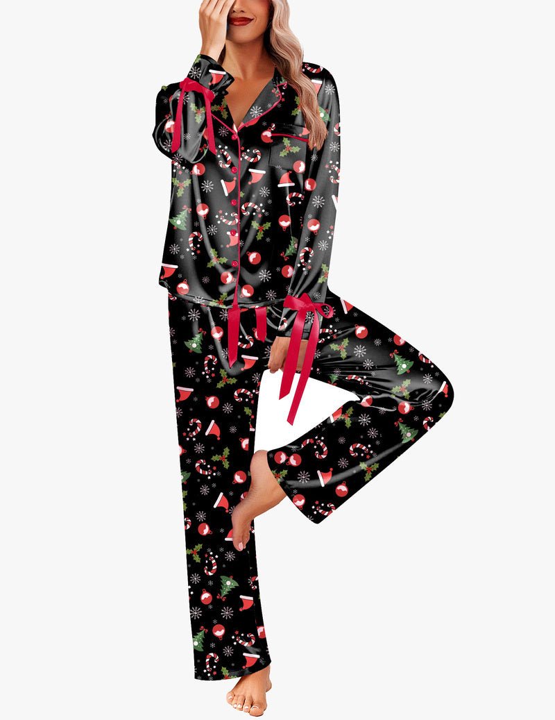 Black satin button-down pajama set with holiday ornament and snowflake print