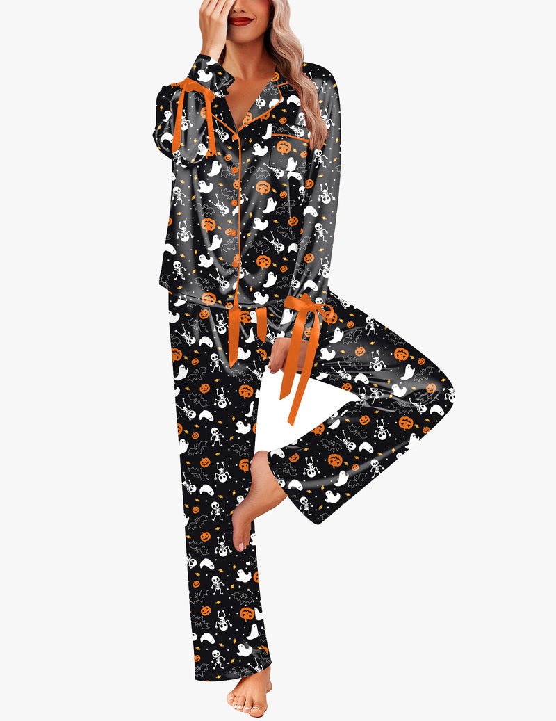 Button-down long satin pajama set, black with Halloween print and front buttons