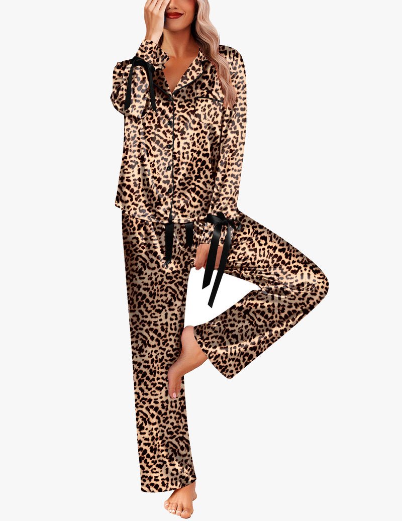 Leopard satin long pajama set, button-down shirt and pants with matching tie waist