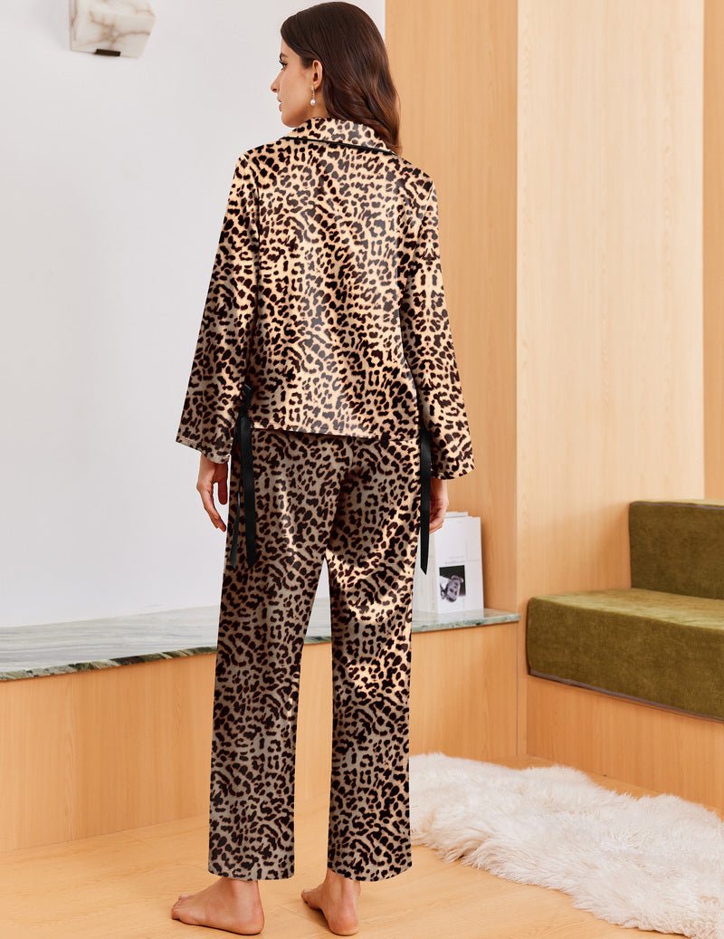 Leopard print satin pajama set from back view, long button shirt and wide-leg pants